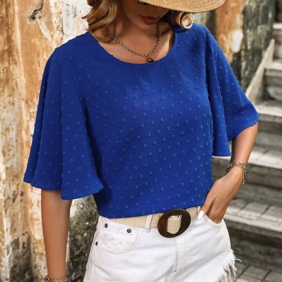 Blue Boho Womens Swiss Dot Butterfly Sleeve Blouse - Picture 2 of 5